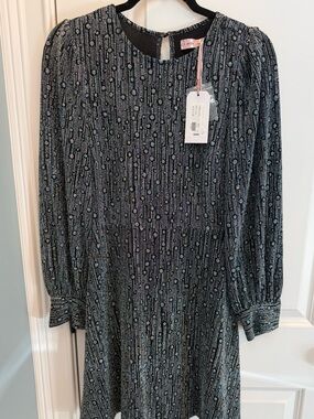 Traffic People Black & Silver Long Sleeve Patterned Dress